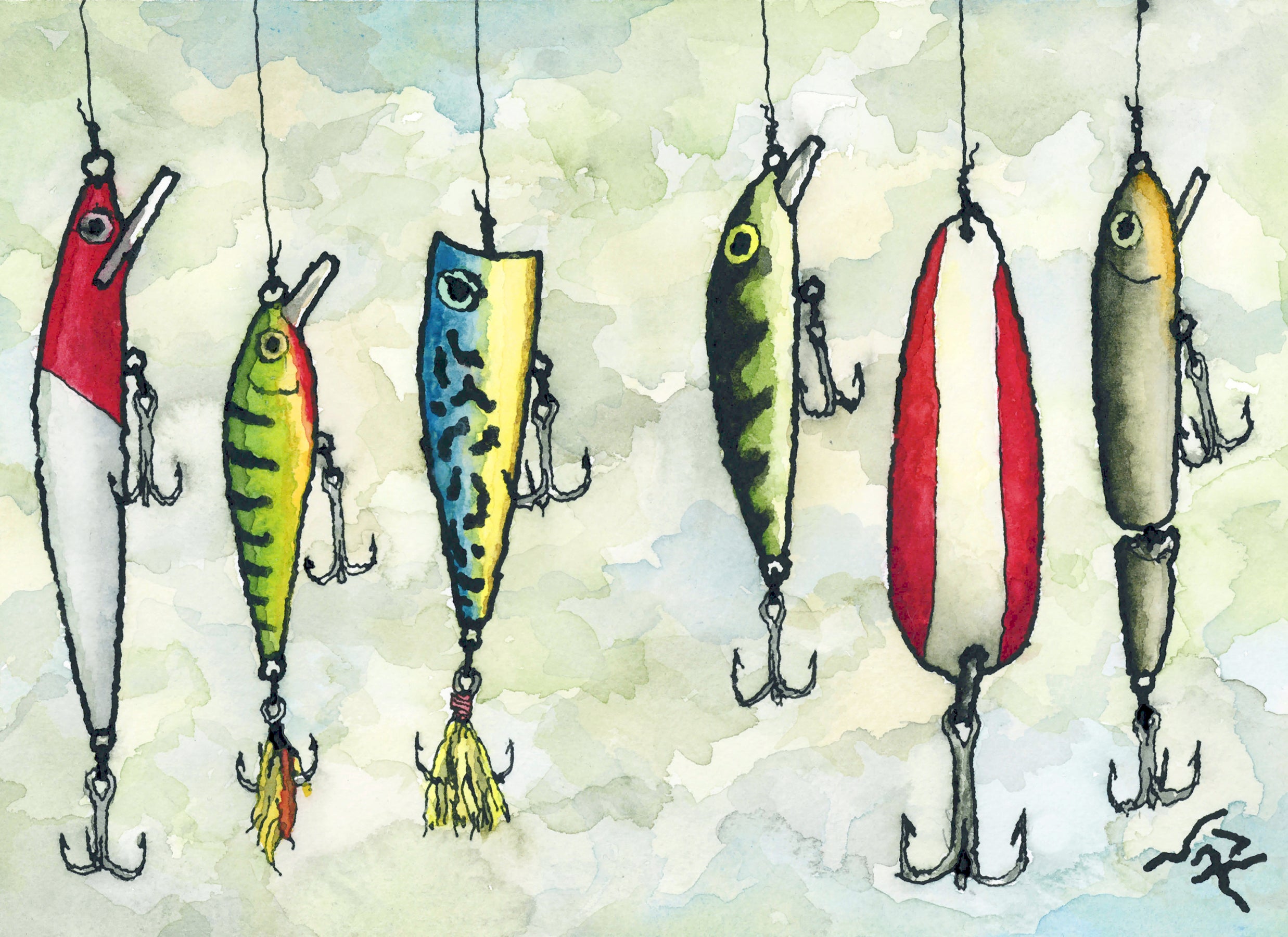 artwork using fishing lures and bobbers FISHING LURES // Ink & Watercolor