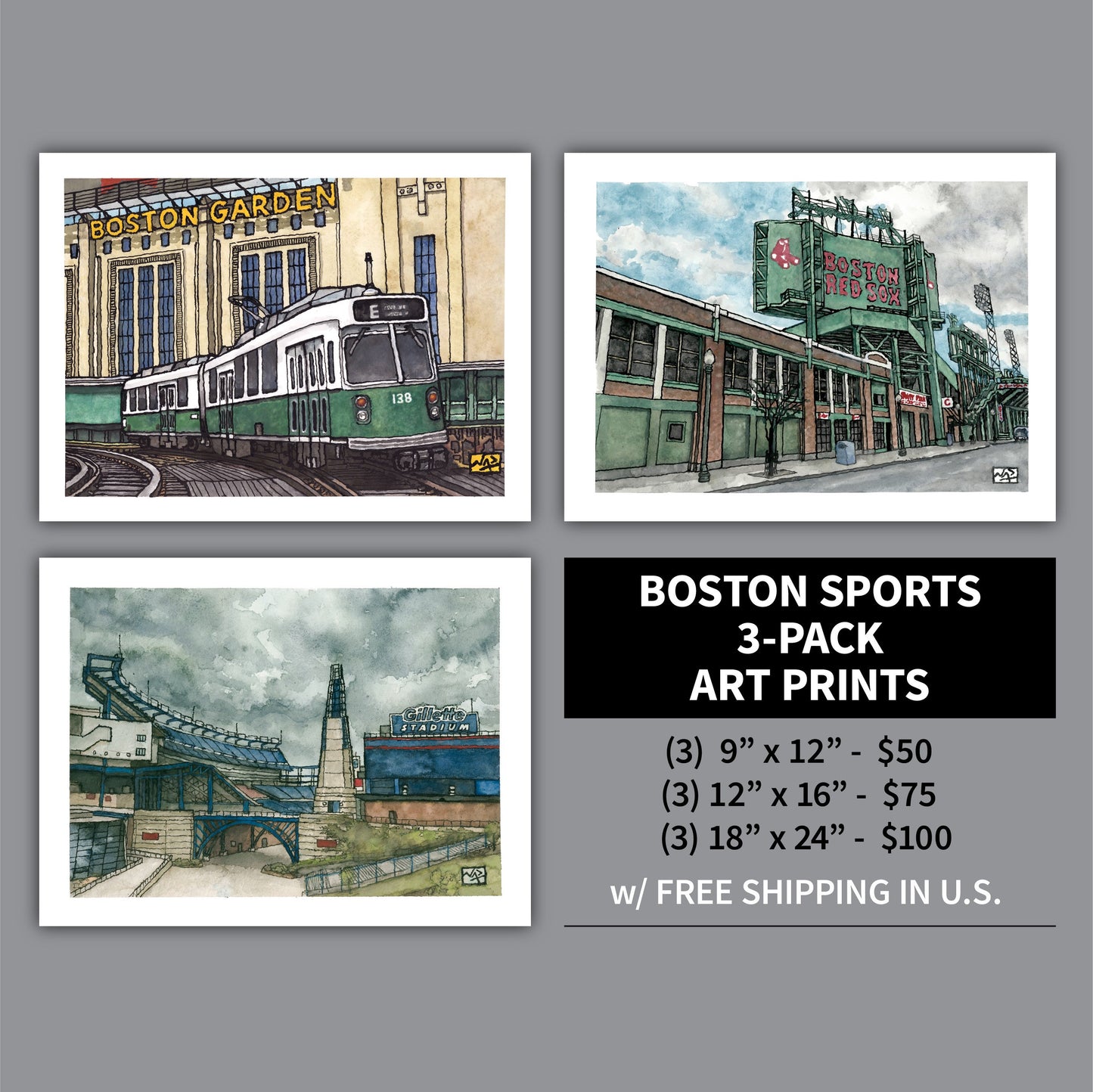 Art Print 3 Pack // BOSTON SPORTS // Ink & Watercolor (Red Sox, Bruins, Celtics, Patriots, Fenway Park, Gillette Stadium, Garden)