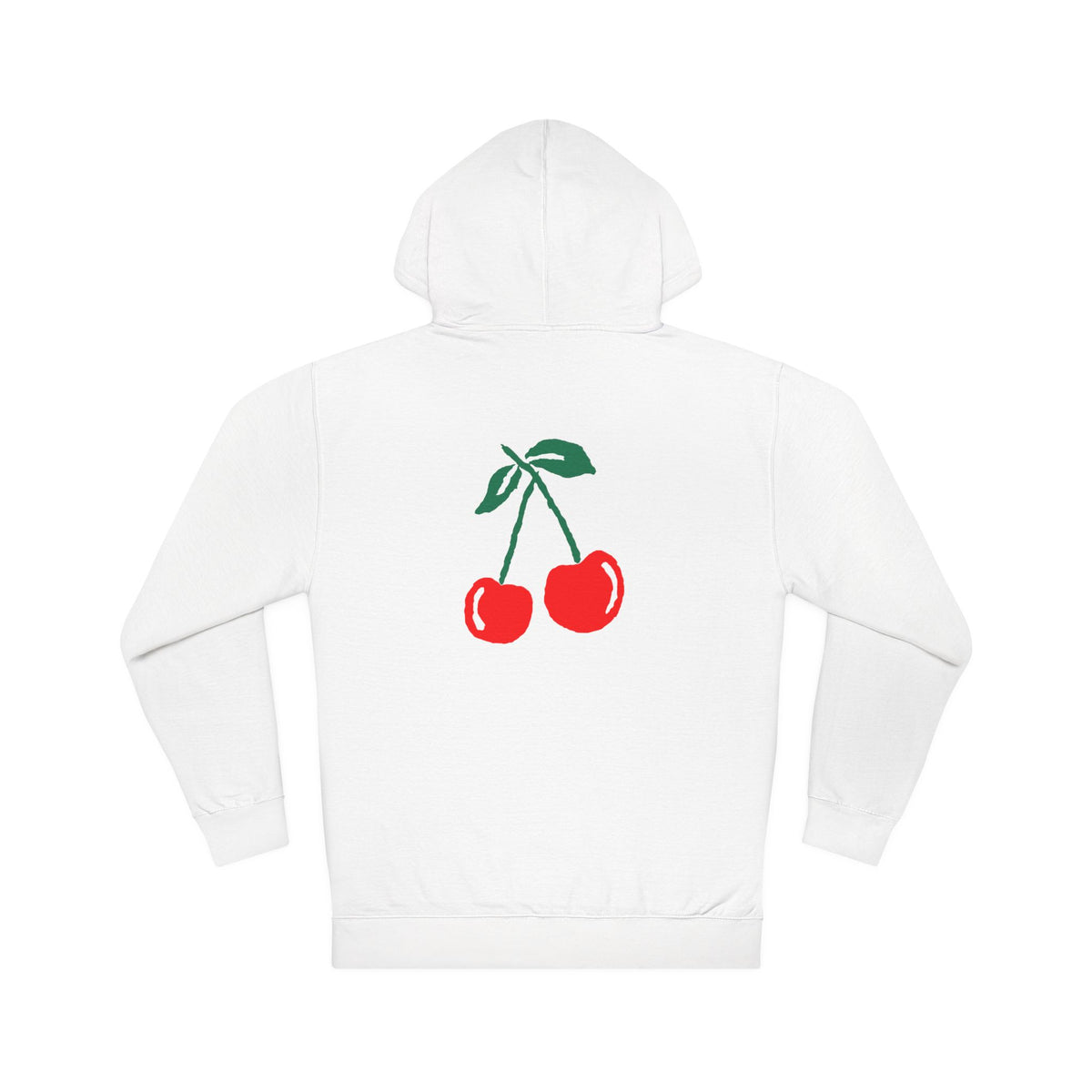 Italo Lust Cherry Hoodie — White Pullover with Pink Text & Red Cherry Graphic