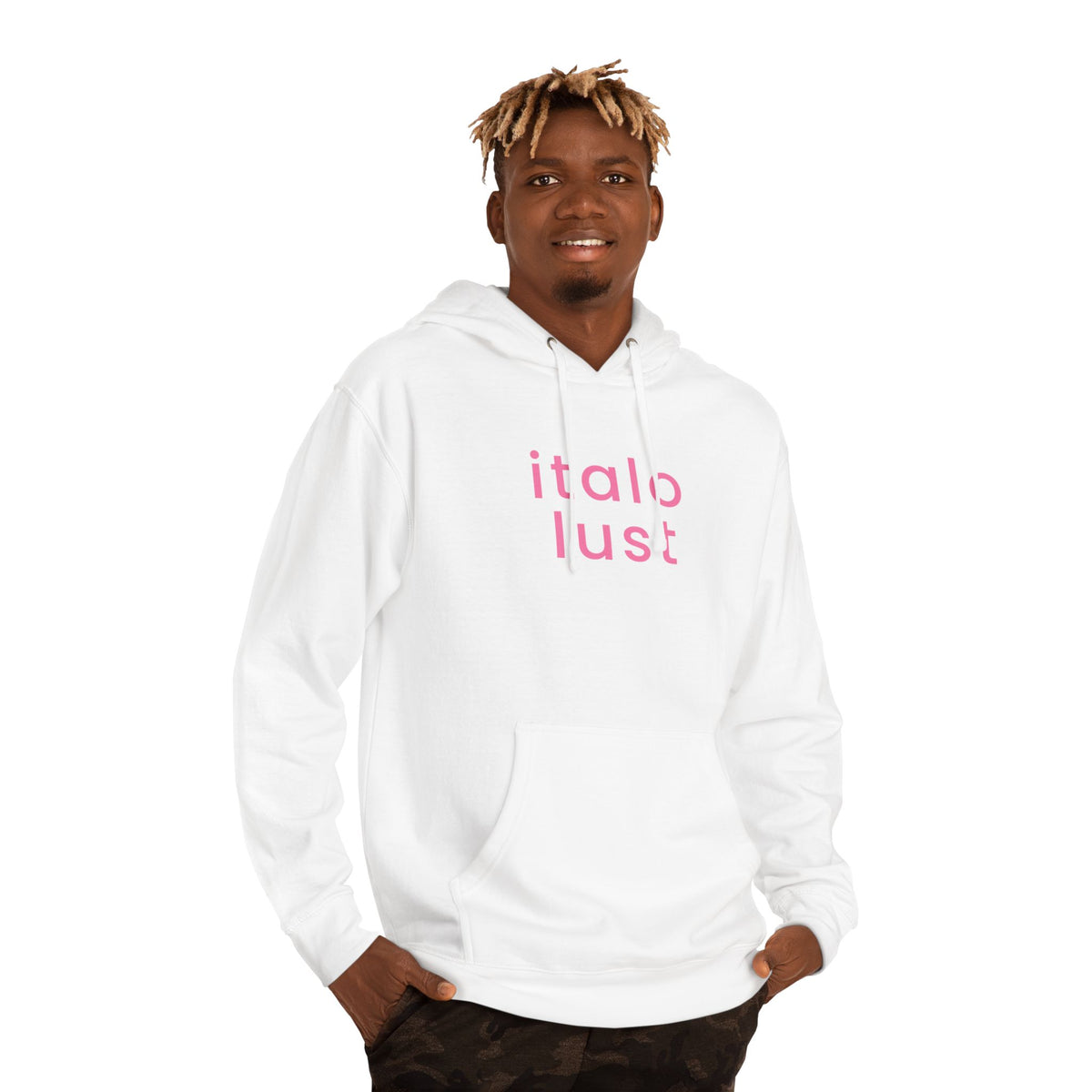 Italo Lust Cherry Hoodie — White Pullover with Pink Text & Red Cherry Graphic