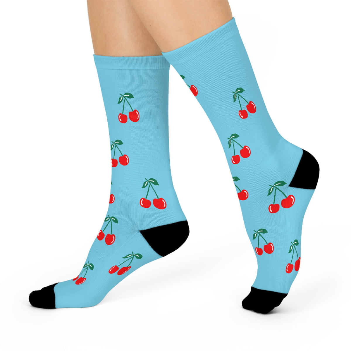 Cherry Pattern Cushioned Crew Socks — Fun Blue Fruit Print