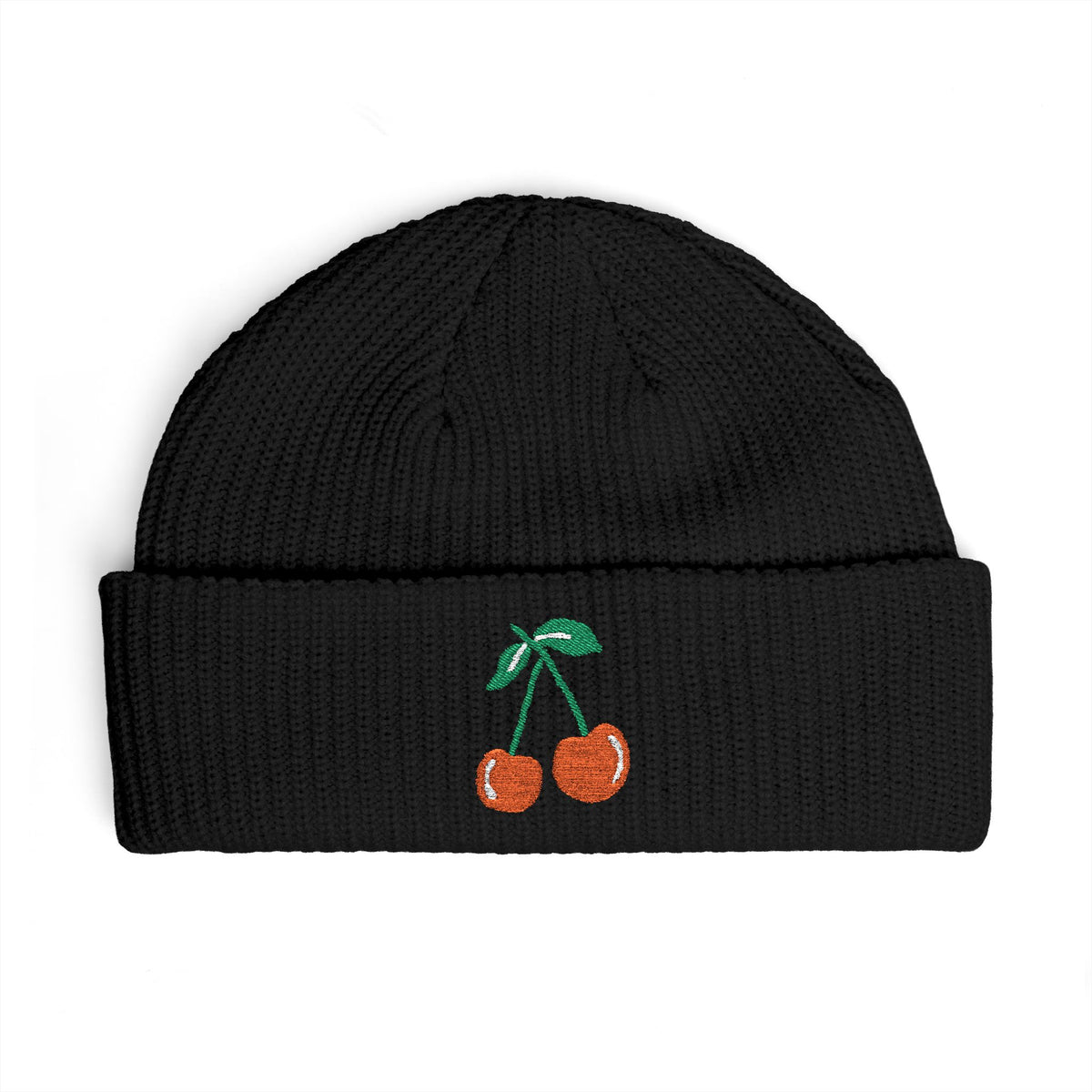 Sequin Cherry Cuff Beanie — Embroidered Fruit Knit Hat