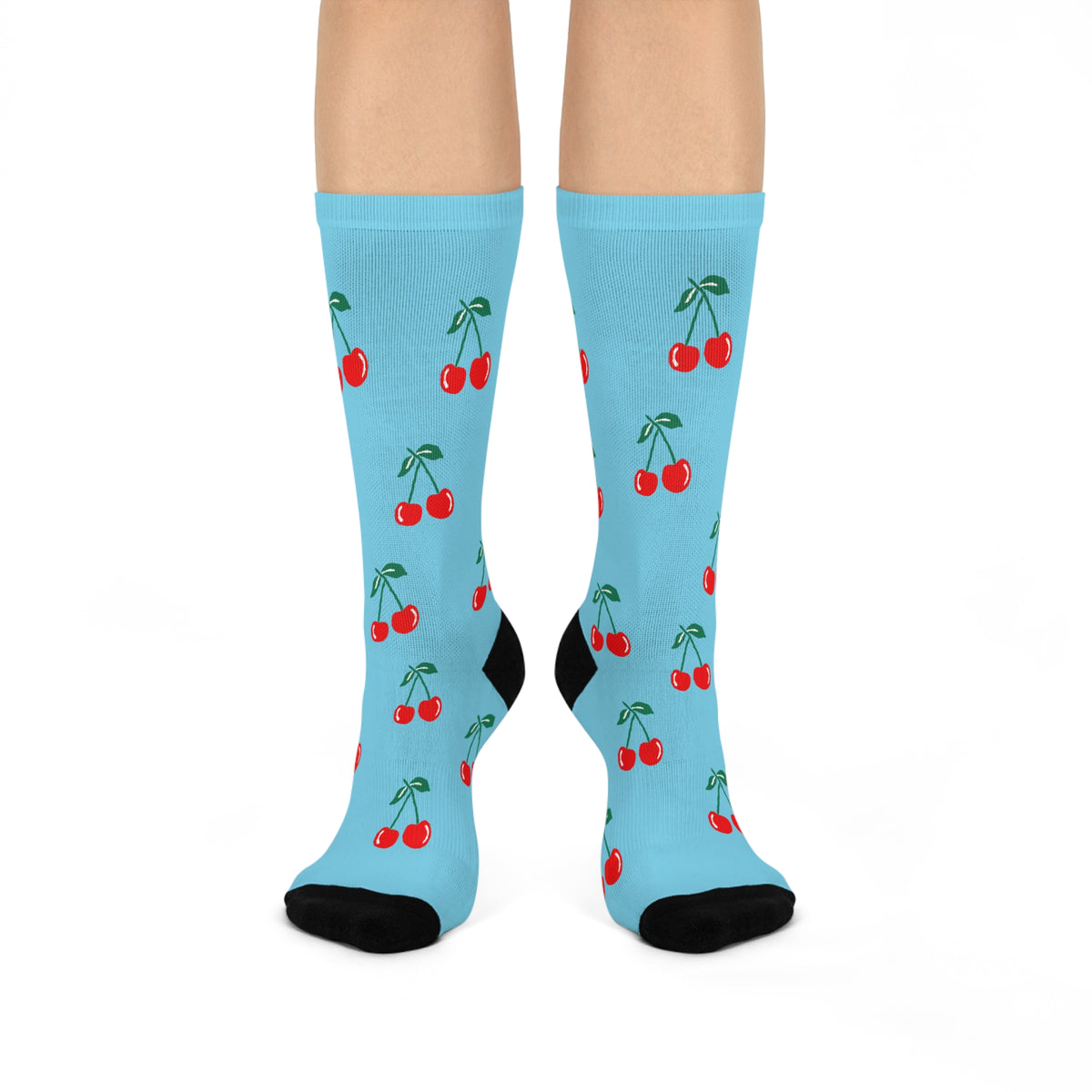 Cherry Pattern Cushioned Crew Socks — Fun Blue Fruit Print