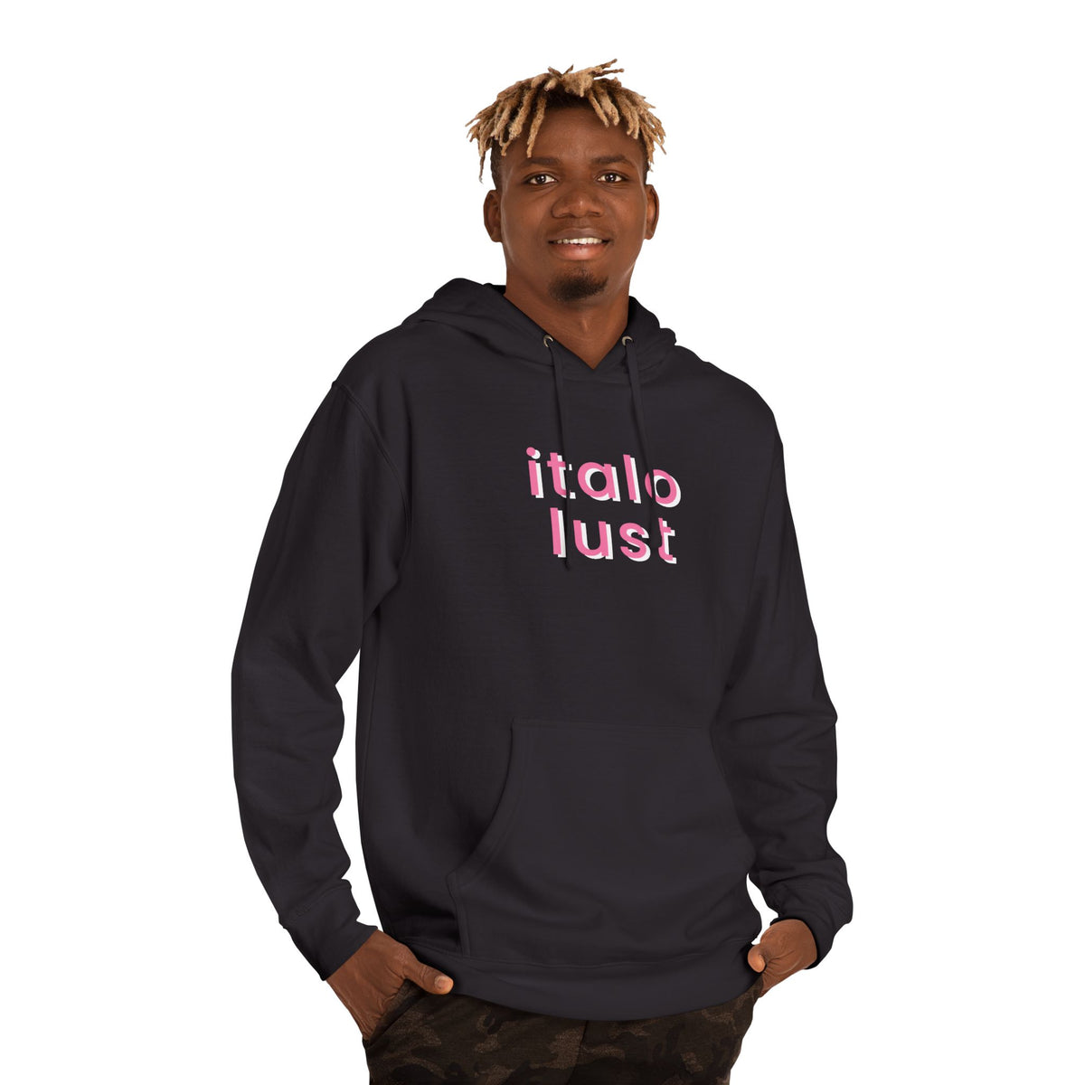 Italo Lust Cherry Hoodie — White Pullover with Pink Text & Red Cherry Graphic