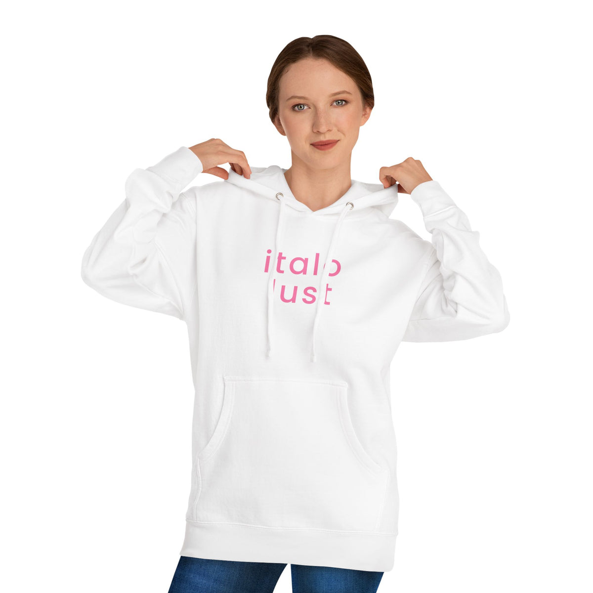 Italo Lust Cherry Hoodie — White Pullover with Pink Text & Red Cherry Graphic