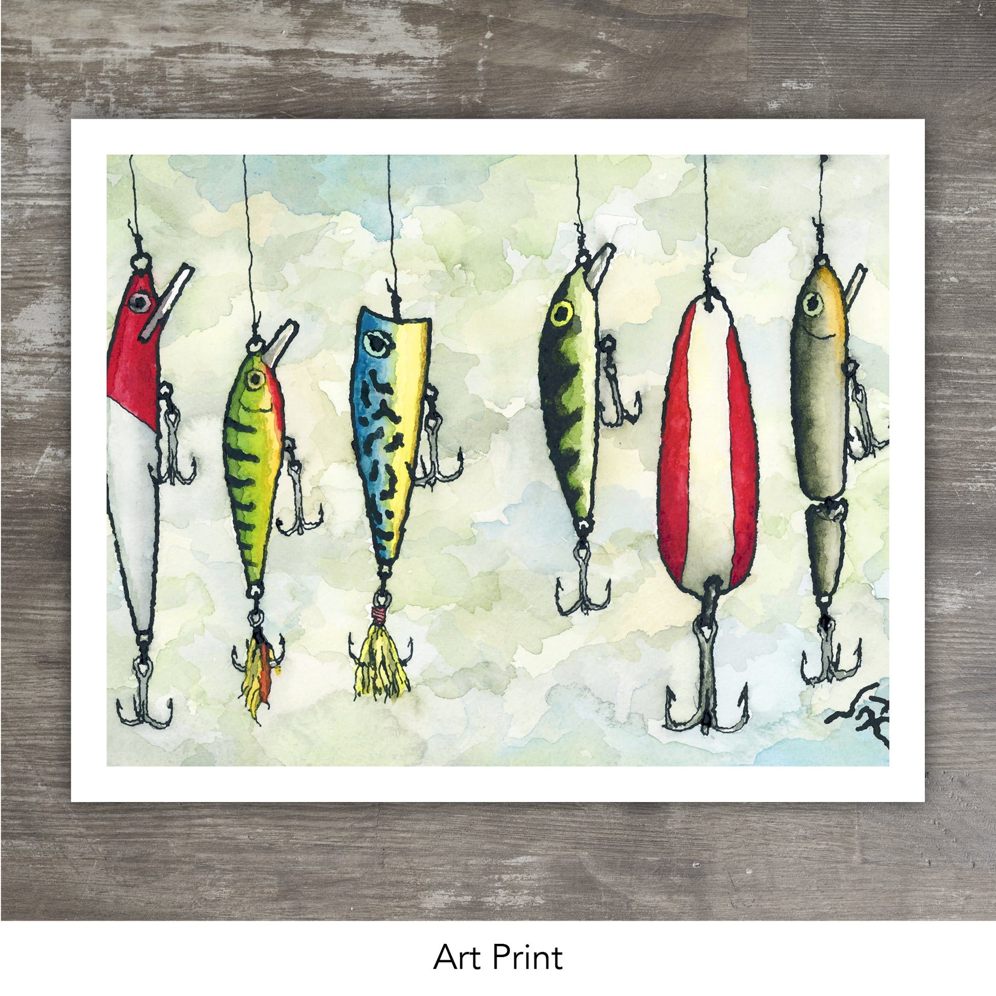 Fishing tackle, hooks and lures. Watercolor illustration on white